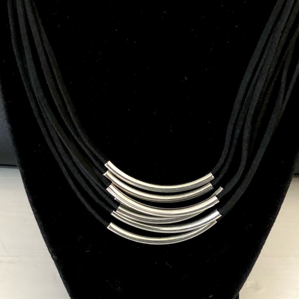 Black Layered Silver Bar Necklace - Picture 2 of 4